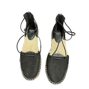 Eileen Fisher Flat Shoes Lace Leather Espadrille Wrap Sandal Black 8 Size: 81/2